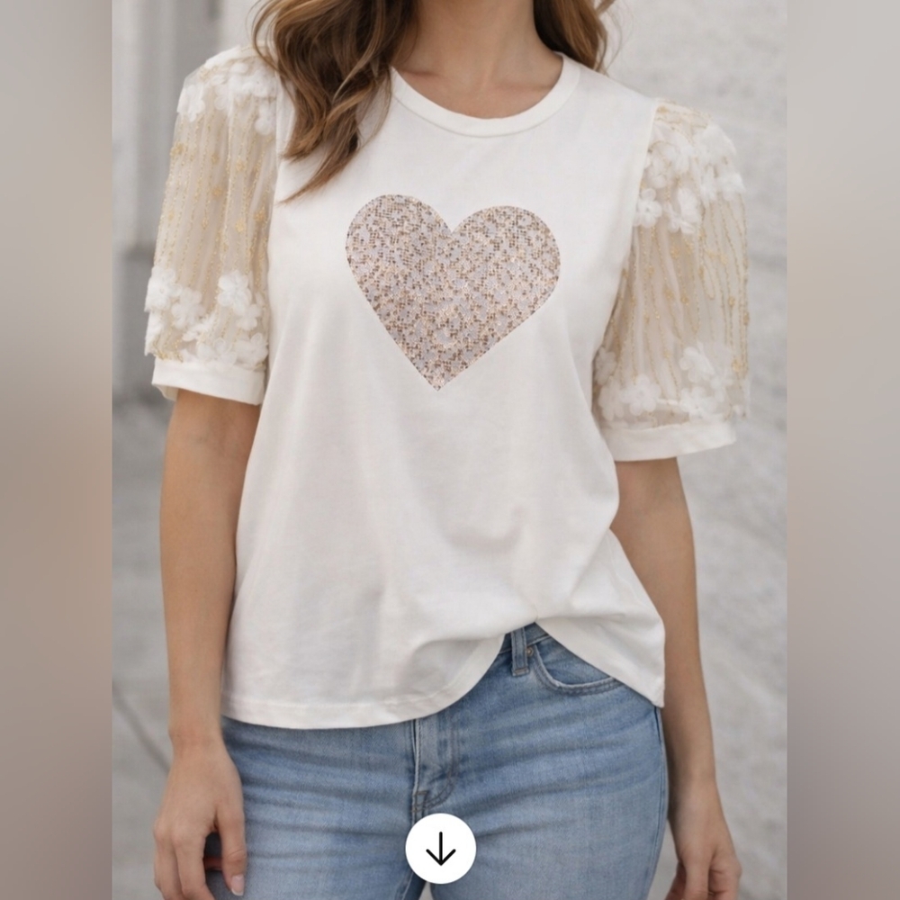 Everly White Lace Sleeve Heart Tee